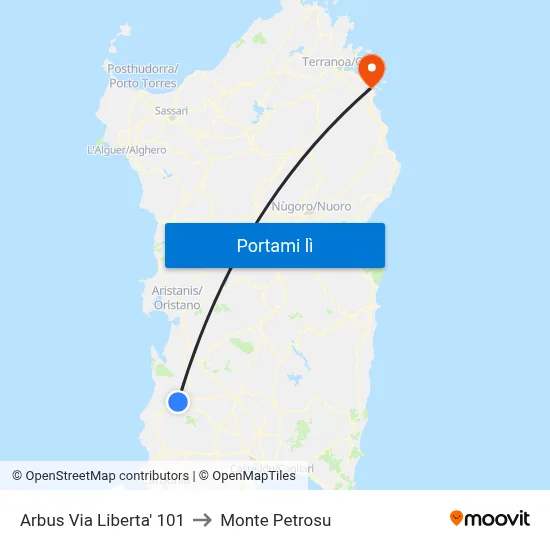 Arbus Via Liberta' 101 to Monte Petrosu map