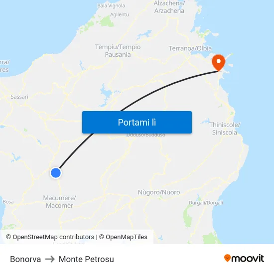 Bonorva to Monte Petrosu map