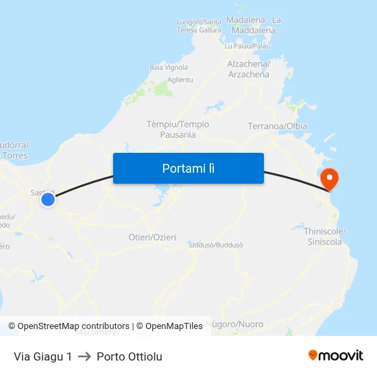 Via Giagu 1 to Porto Ottiolu map