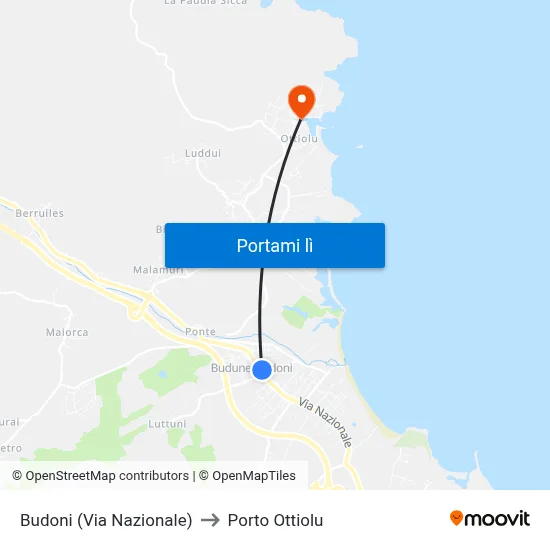 Budoni (Via Nazionale) to Porto Ottiolu map