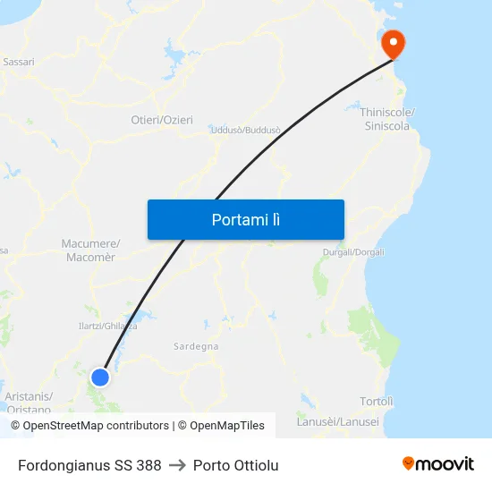 Fordongianus SS 388 to Porto Ottiolu map