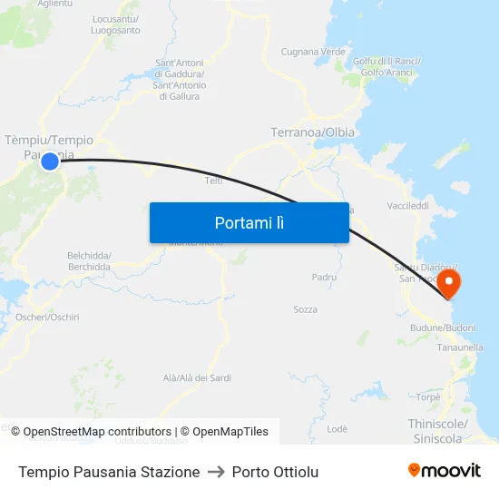 Tempio Pausania Stazione to Porto Ottiolu map