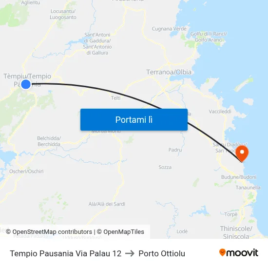 Tempio Pausania Via Palau 12 to Porto Ottiolu map
