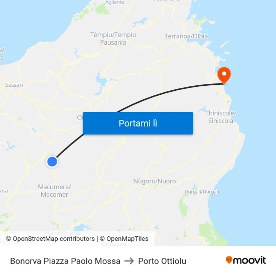 Bonorva Piazza Paolo Mossa to Porto Ottiolu map