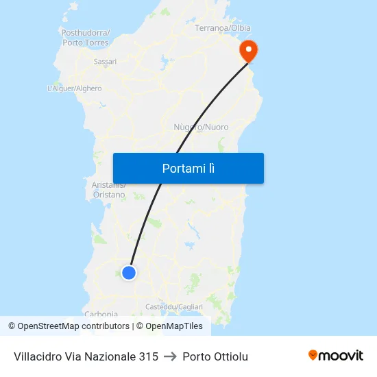Villacidro Via Nazionale 315 to Porto Ottiolu map