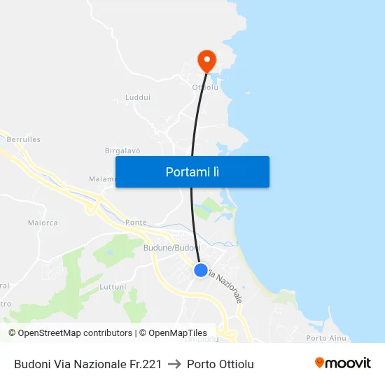 Budoni Via Nazionale Fr.221 to Porto Ottiolu map