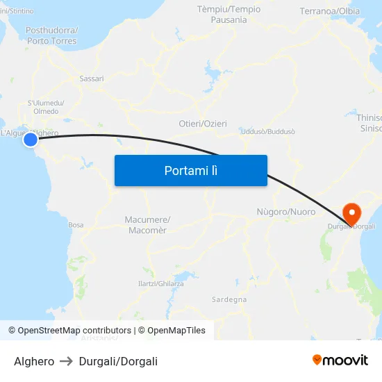 Alghero to Durgali/Dorgali map