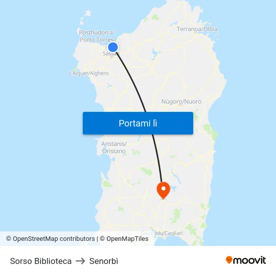 Sorso Biblioteca to Senorbì map