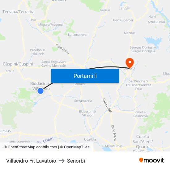Villacidro Fr. Lavatoio to Senorbì map