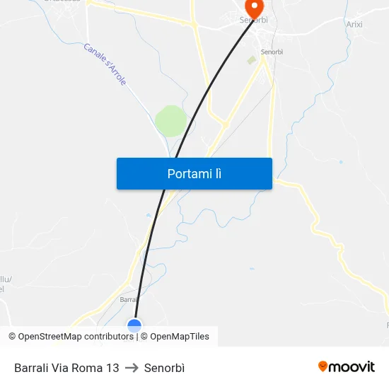 Barrali Via Roma 13 to Senorbì map