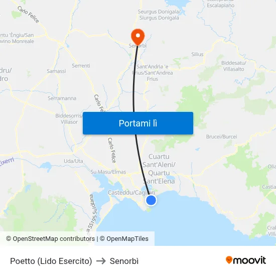 Poetto (Lido Esercito) to Senorbì map
