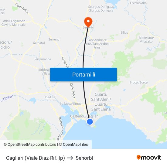 Cagliari (Viale Diaz-Rif. Ip) to Senorbì map
