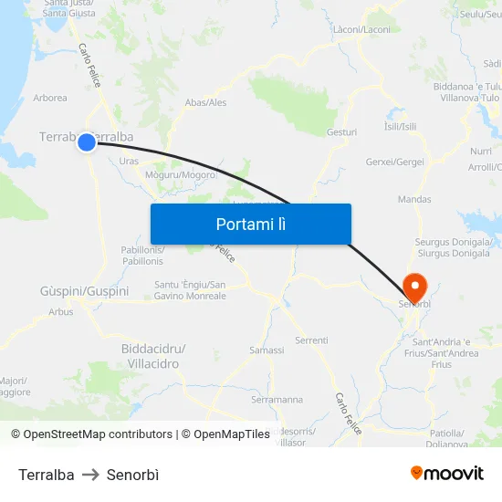 Terralba to Senorbì map