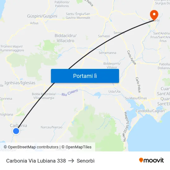 Carbonia Via Lubiana 338 to Senorbì map