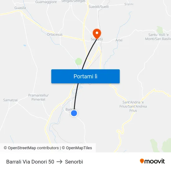 Barrali Via Donori 50 to Senorbì map