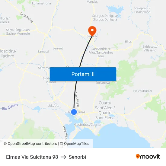 Elmas Via Sulcitana 98 to Senorbì map