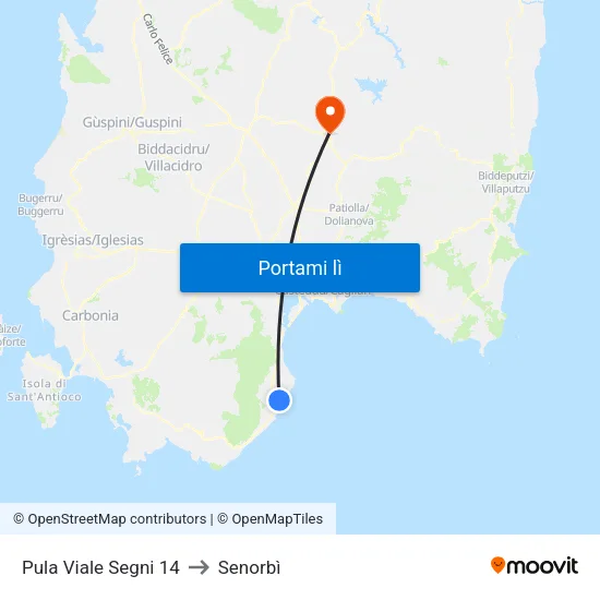 Pula Viale Segni 14 to Senorbì map