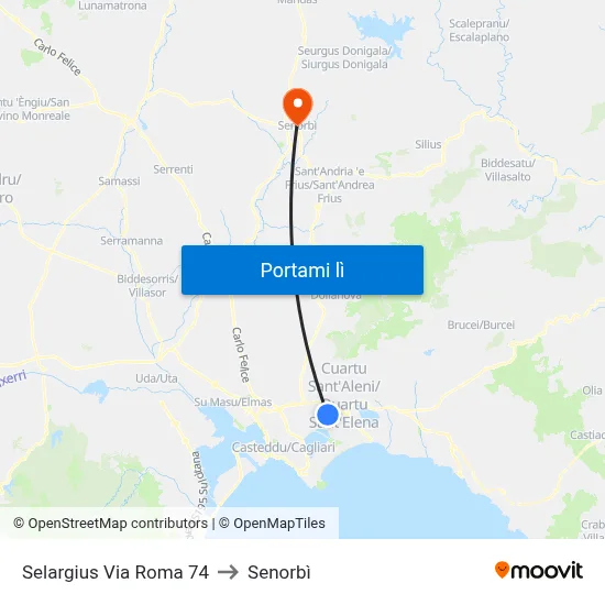 Selargius Via Roma 74 to Senorbì map