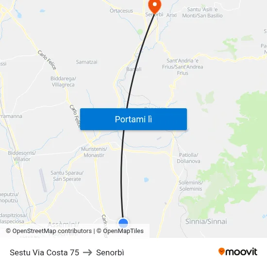 Sestu Via Costa 75 to Senorbì map