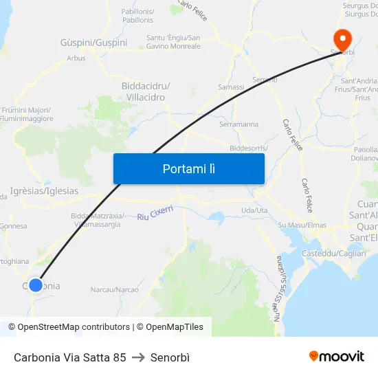 Carbonia Via Satta 85 to Senorbì map