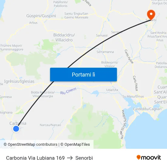 Carbonia Via Lubiana 169 to Senorbì map