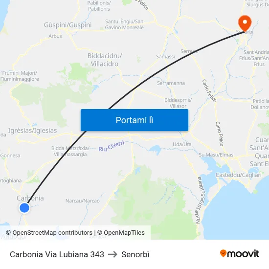 Carbonia Via Lubiana 343 to Senorbì map