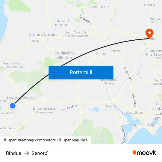Bindua to Senorbì map