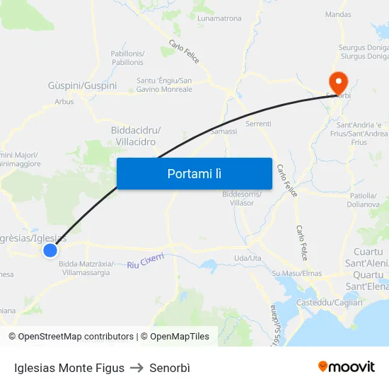Iglesias Monte Figus to Senorbì map