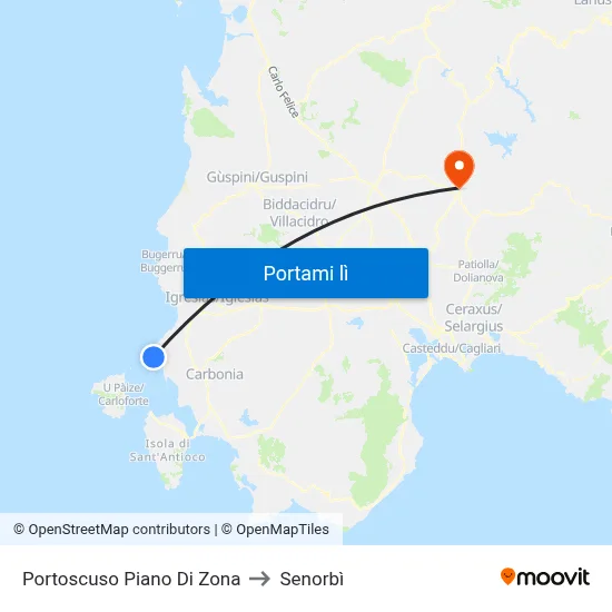 Portoscuso Piano Di Zona to Senorbì map