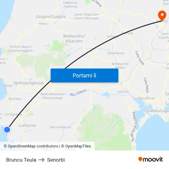 Bruncu Teula to Senorbì map