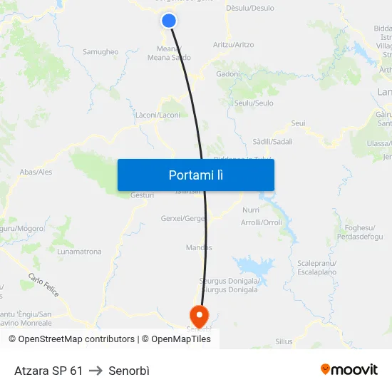 Atzara SP 61 to Senorbì map