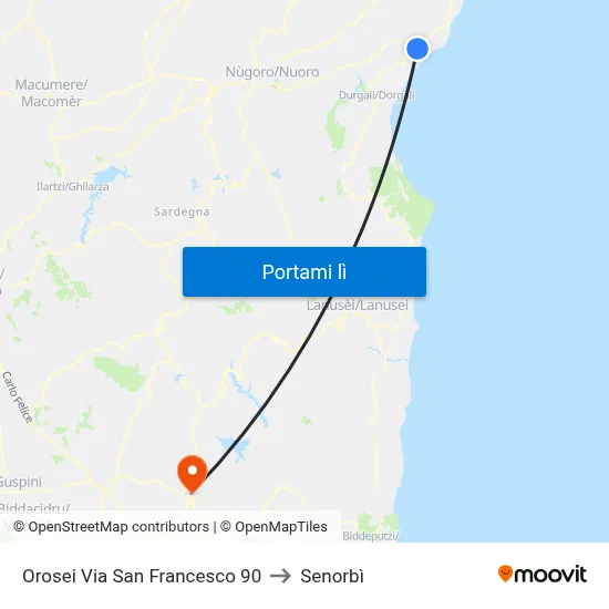Orosei Via San Francesco 90 to Senorbì map