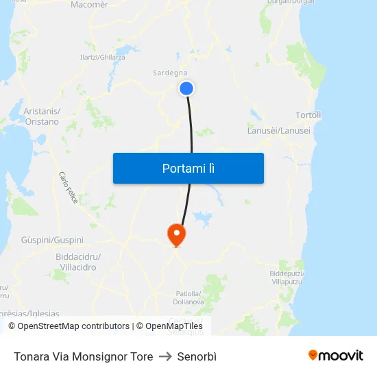 Tonara Via Monsignor Tore to Senorbì map
