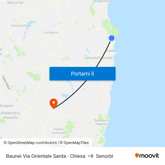 Baunei Via Orientale Sarda - Chiesa to Senorbì map