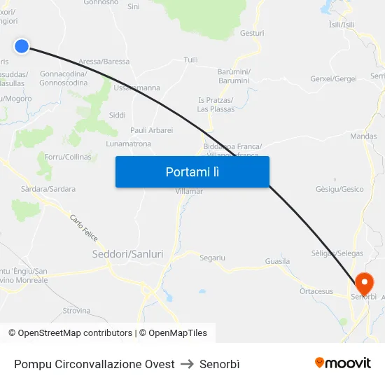 Pompu Circonvallazione Ovest to Senorbì map