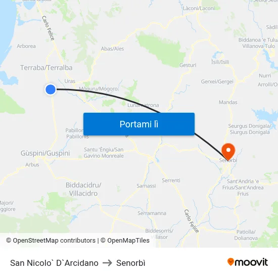 San Nicolo` D`Arcidano to Senorbì map