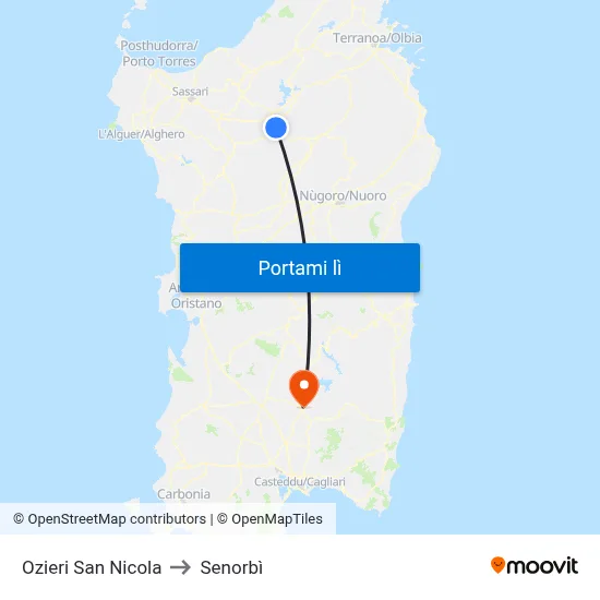 Ozieri San Nicola to Senorbì map