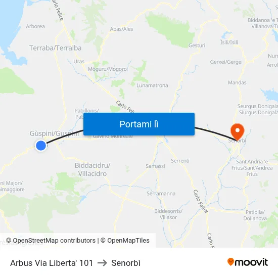 Arbus Via Liberta' 101 to Senorbì map