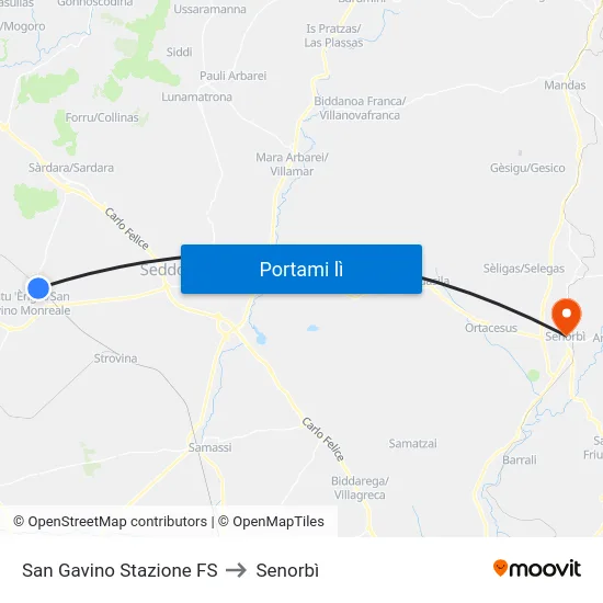 San Gavino Stazione FS to Senorbì map