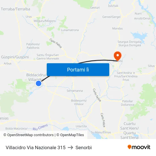 Villacidro Via Nazionale 315 to Senorbì map