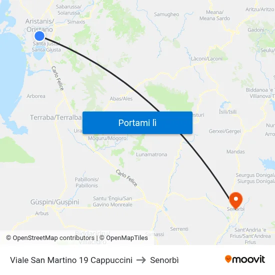 Viale San Martino 19 Cappuccini to Senorbì map