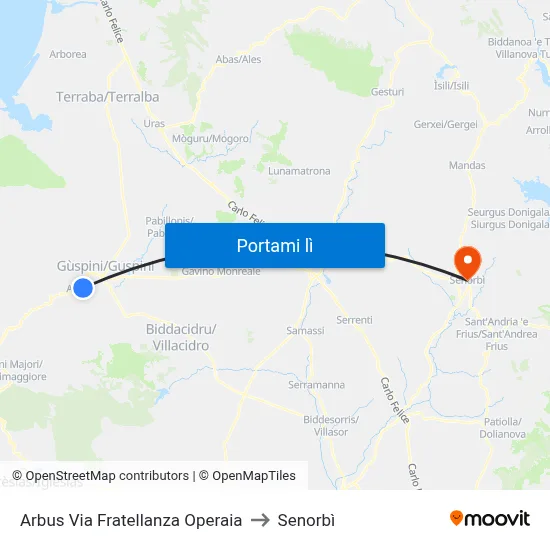 Arbus Via Fratellanza Operaia to Senorbì map