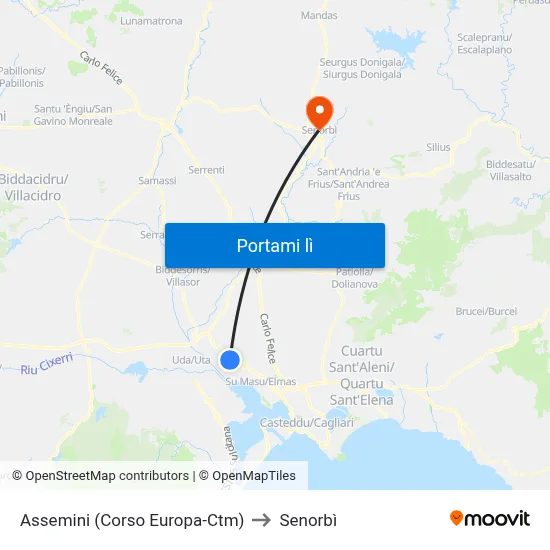 Assemini (Corso Europa-Ctm) to Senorbì map