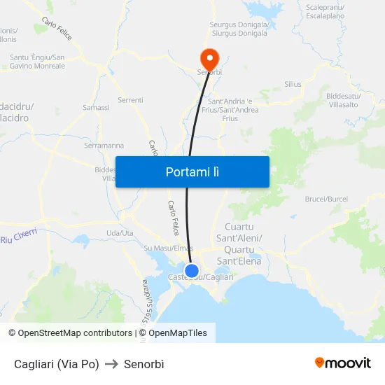 Cagliari (Via Po) to Senorbì map