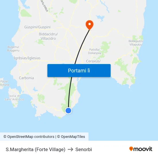 S.Margherita (Forte Village) to Senorbì map