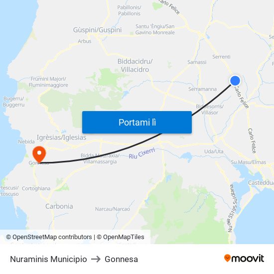 Nuraminis Municipio to Gonnesa map