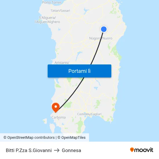 Bitti P.Zza S.Giovanni to Gonnesa map