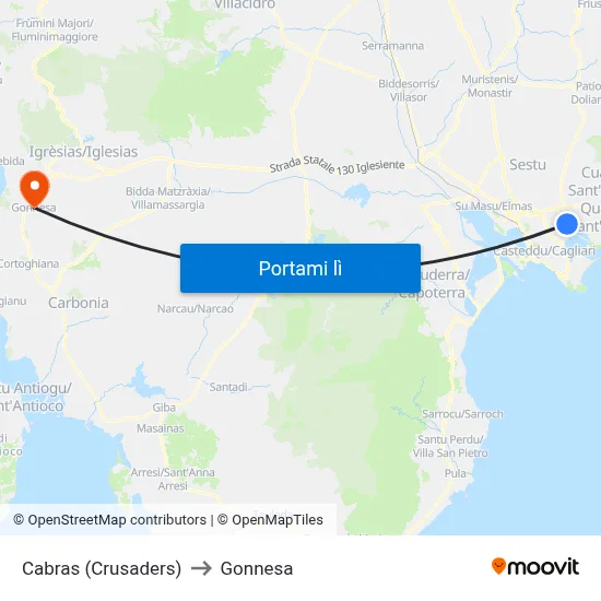 Cabras (Crusaders) to Gonnesa map