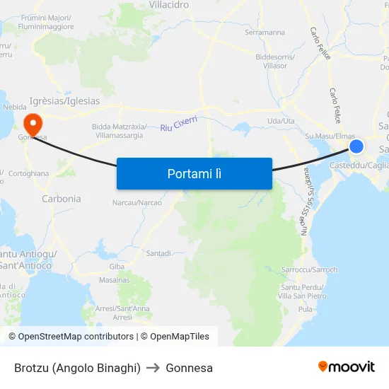 Brotzu (Angolo Binaghi) to Gonnesa map