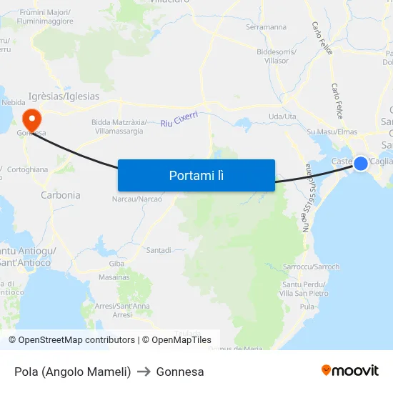 Pola (Angolo Mameli) to Gonnesa map